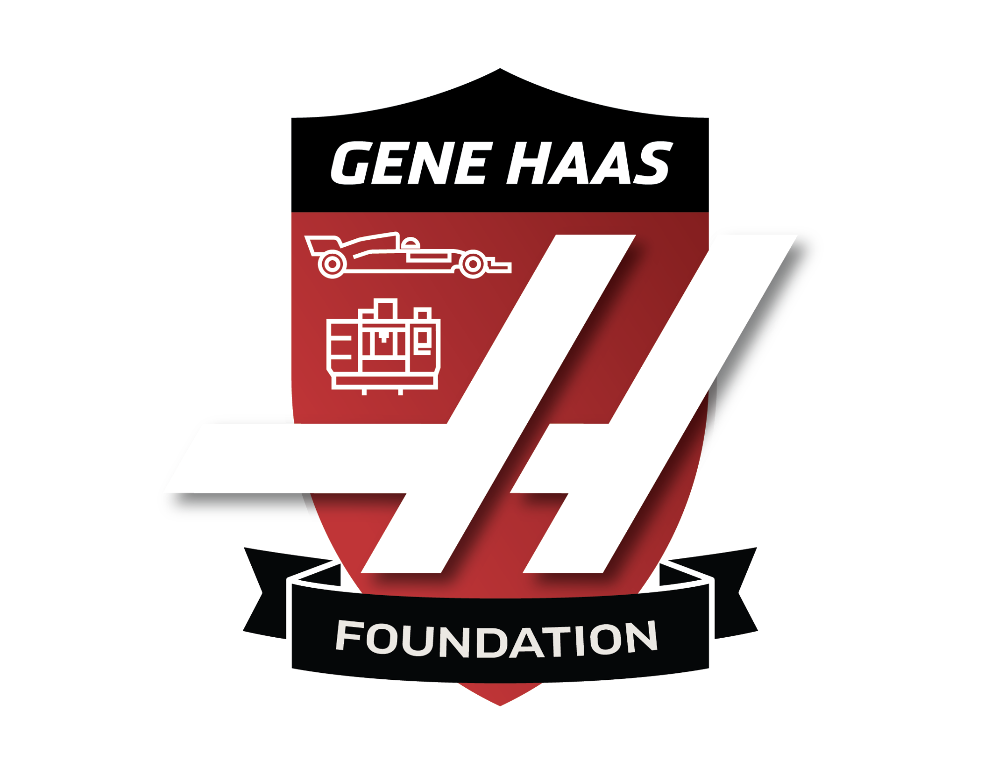 A red and white logo of gene haas foundation.